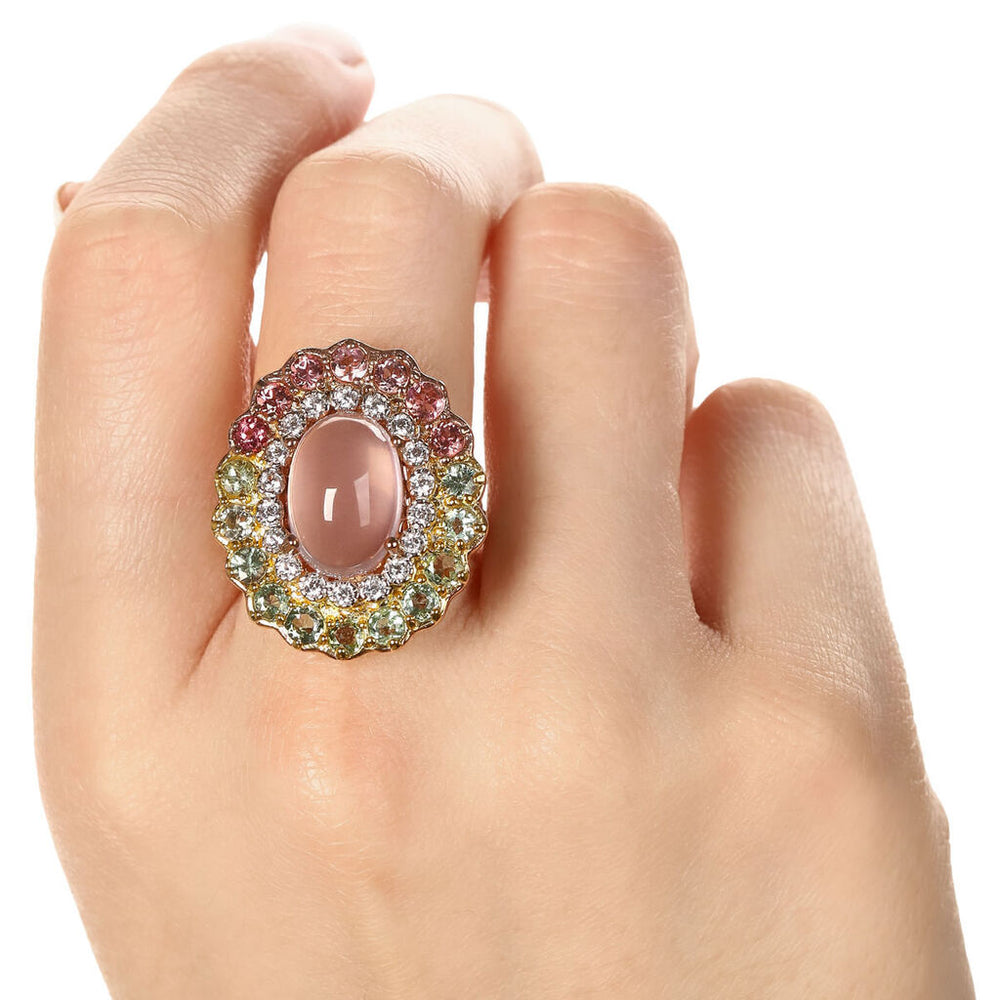 Anel Linha Premium em Prata 925 com Quartzo Rosa e Mix de Pedras