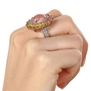 Anel Linha Premium em Prata 925 com Quartzo Rosa e Mix de Pedras