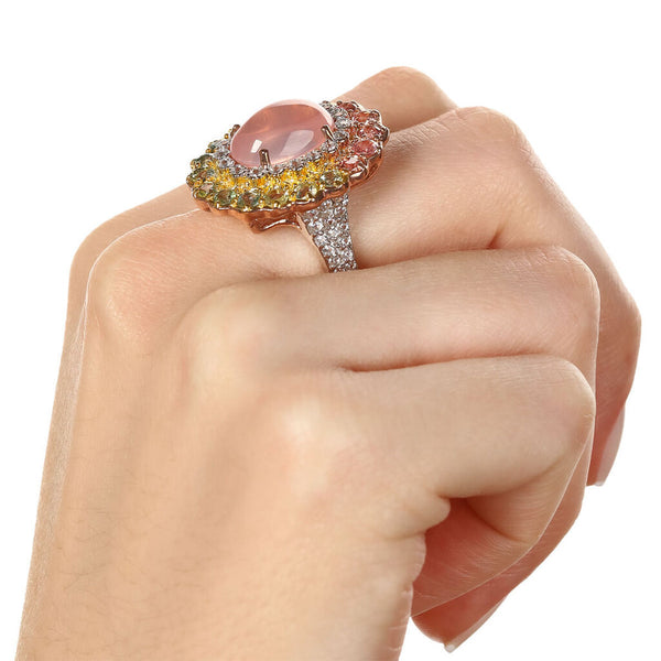 Anel Linha Premium em Prata 925 com Quartzo Rosa e Mix de Pedras