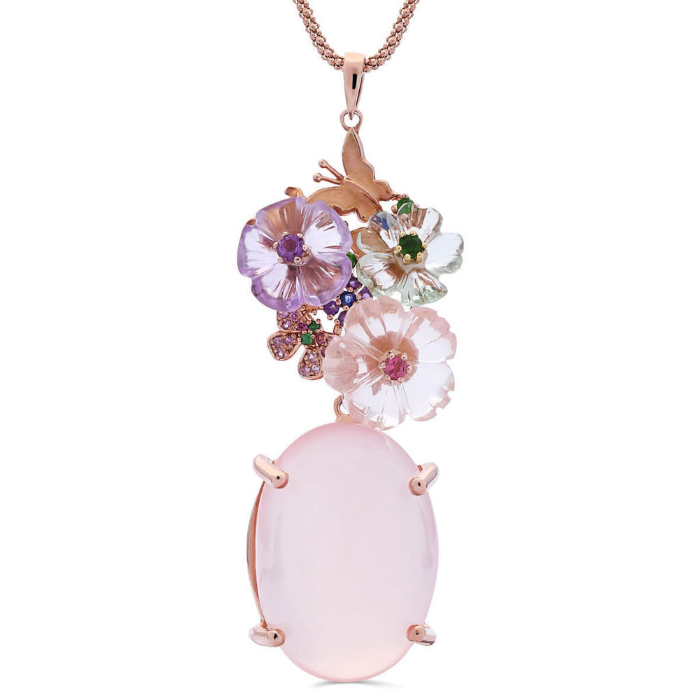 Pingente Linha Premium em Prata 925 com Quartzo Rosa e Mix de Pedras Naturais