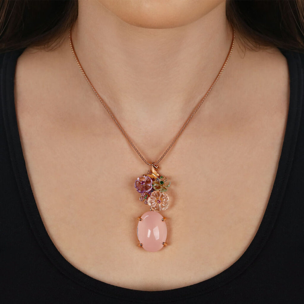 Pingente Linha Premium em Prata 925 com Quartzo Rosa e Mix de Pedras Naturais