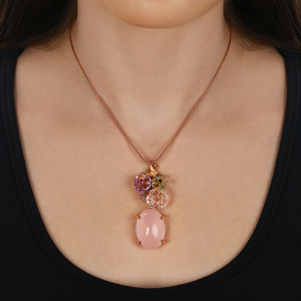 Pingente Linha Premium em Prata 925 com Quartzo Rosa e Mix de Pedras Naturais