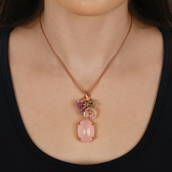 Pingente Linha Premium em Prata 925 com Quartzo Rosa e Mix de Pedras Naturais