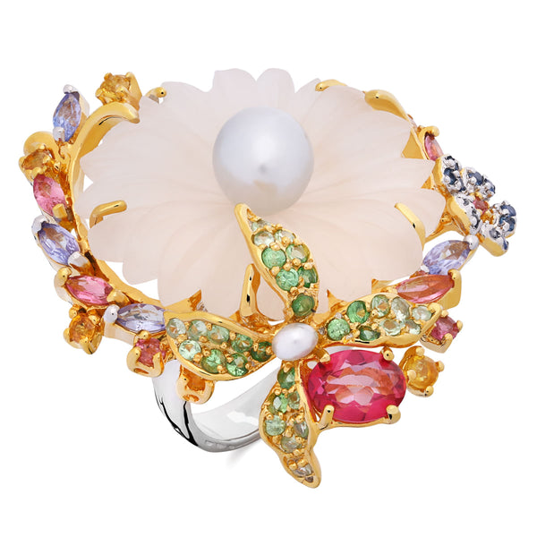 Anel Flor Com Quartzo Branco, Pérolas,Topázios Rosas,Turmalinas Rosas,Tanzânitas,Safiras Amarelas,Safiras Azuis Prata