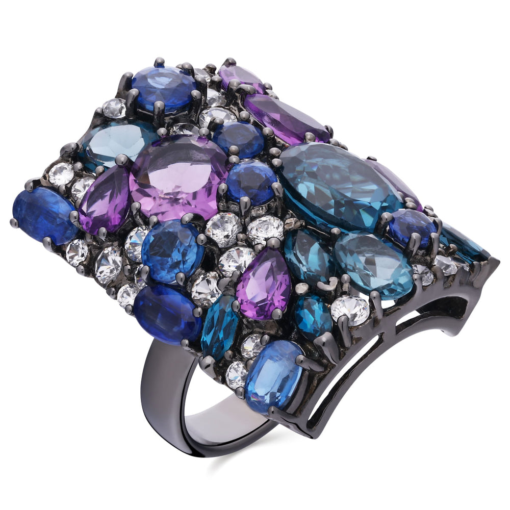 Anel Topázio London Blue,Kianites,Ametistas,Zircônias com Ródio Negro Prata