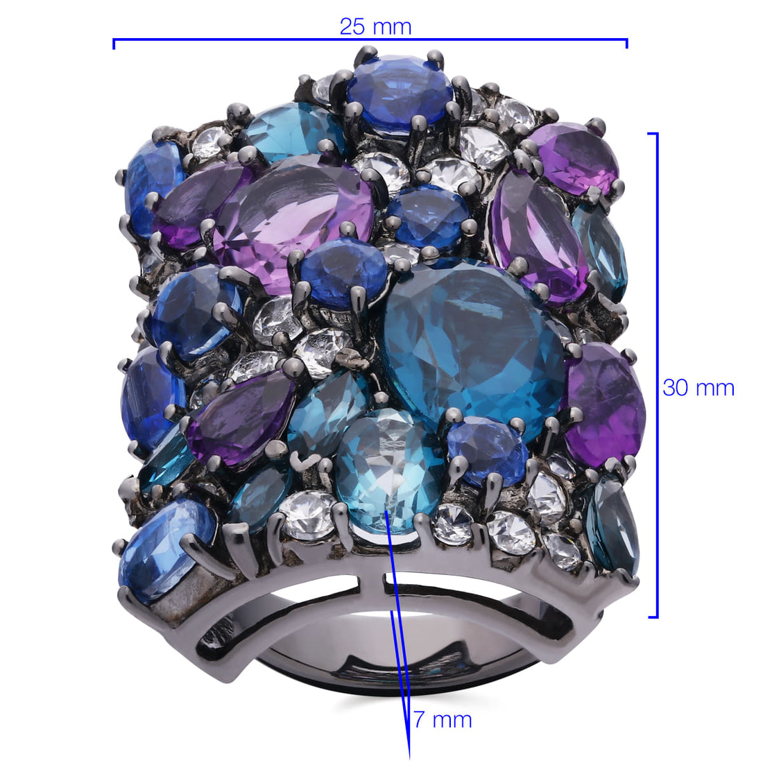 Anel Topázio London Blue,Kianites,Ametistas,Zircônias com Ródio Negro Prata
