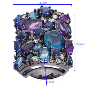 Anel Topázio London Blue,Kianites,Ametistas,Zircônias com Ródio Negro Prata
