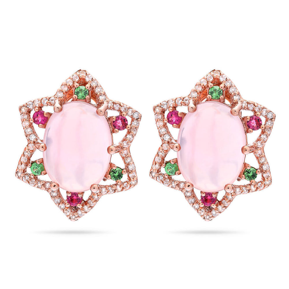 Par de Brinco Linha Premium em Prata 925 com Quartzos Rosa e Mix de Pedras