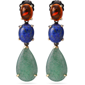 Par de Brinco Prata 925 Linha Pedras Naturais com  Aventurines, Lapis Lazzulli e Ambar Aprox. 27cts
