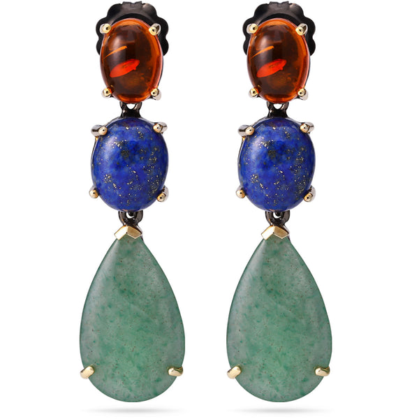 Par de Brinco Prata 925 Linha Pedras Naturais com  Aventurines, Lapis Lazzulli e Ambar Aprox. 27cts