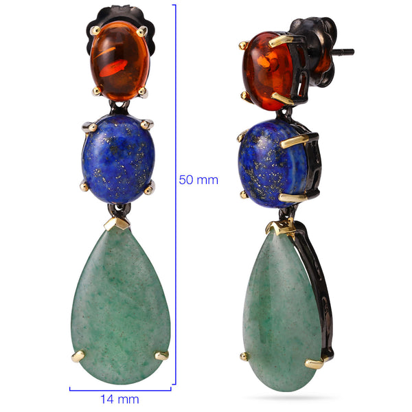 Par de Brinco Prata 925 Linha Pedras Naturais com  Aventurines, Lapis Lazzulli e Ambar Aprox. 27cts