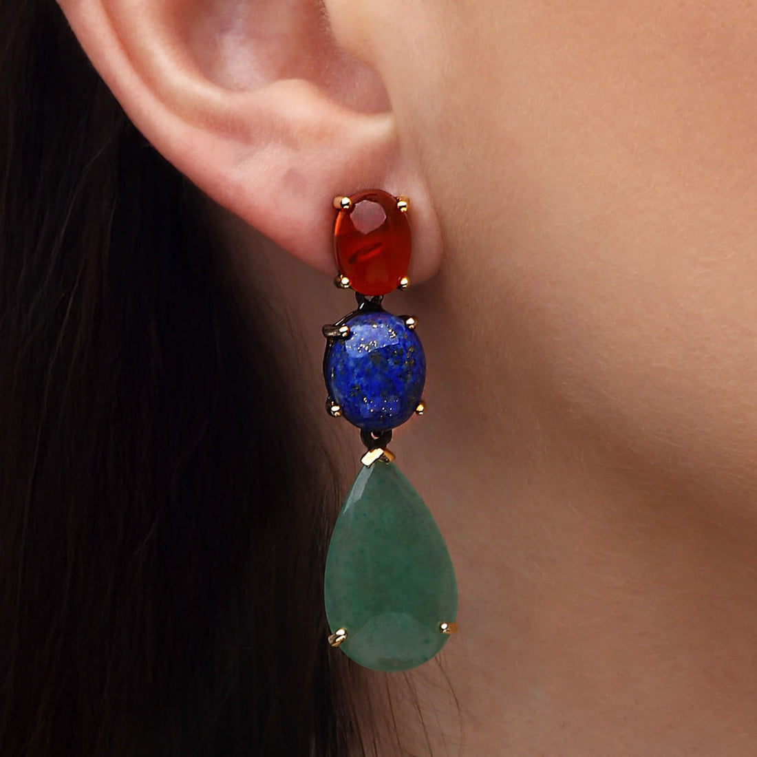 Par de Brinco Prata 925 Linha Pedras Naturais com  Aventurines, Lapis Lazzulli e Ambar Aprox. 27cts