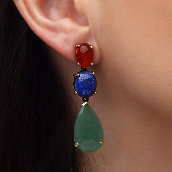 Par de Brinco Prata 925 Linha Pedras Naturais com  Aventurines, Lapis Lazzulli e Ambar Aprox. 27cts
