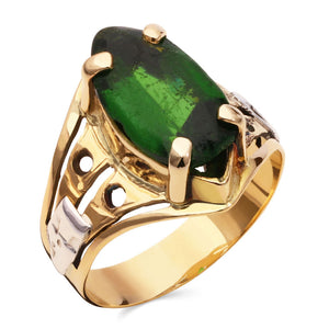 Anel Formatura em Ouro Amarelo 18k com Pedra Navete Sintética Verde