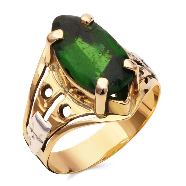 Anel Formatura em Ouro Amarelo 18k com Pedra Navete Sintética Verde