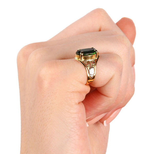 Anel Formatura em Ouro Amarelo 18k com Pedra Navete Sintética Verde