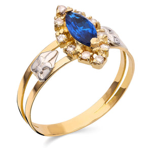Anel Formatura em Ouro Amarelo 18k com Pedra Sintética Navete Azul