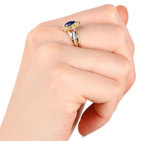 Anel Formatura em Ouro Amarelo 18k com Pedra Sintética Navete Azul