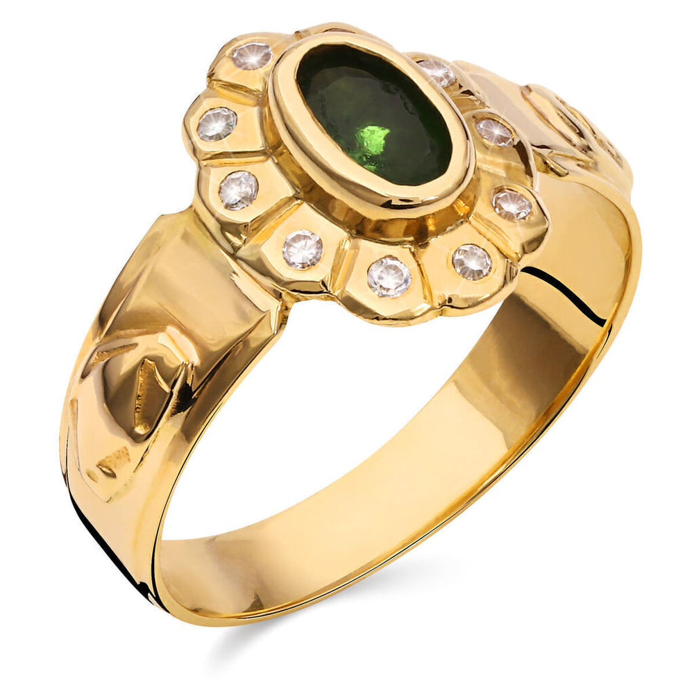 Anel Formatura em Ouro Amarelo 18k com Pedra Sintética Verde e Zircônia