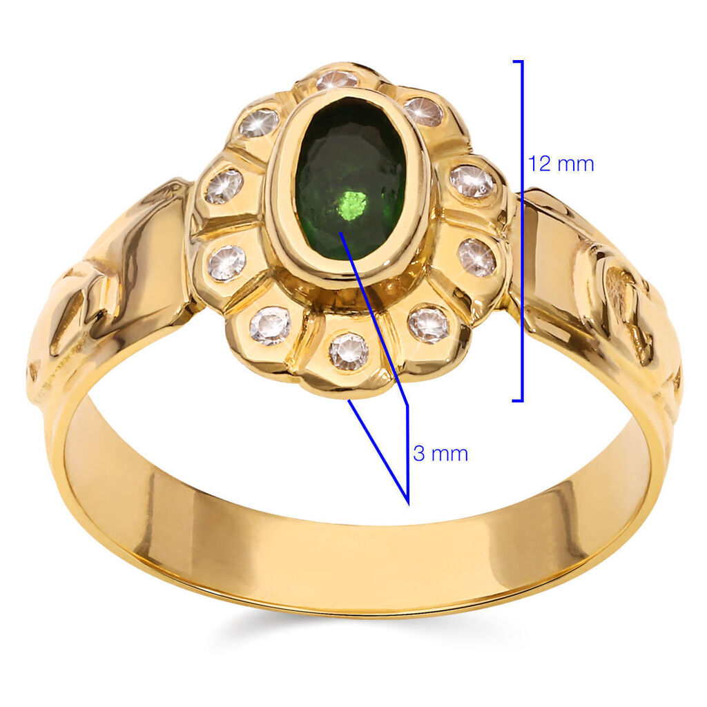 Anel Formatura em Ouro Amarelo 18k com Pedra Sintética Verde e Zircônia