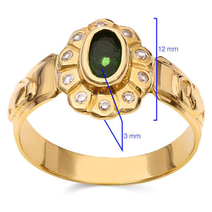 Anel Formatura em Ouro Amarelo 18k com Pedra Sintética Verde e Zircônia