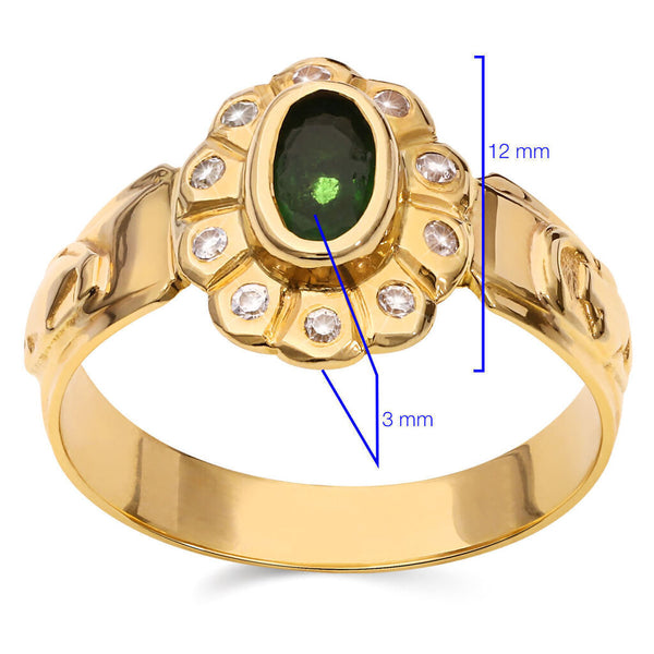 Anel Formatura em Ouro Amarelo 18k com Pedra Sintética Verde e Zircônia