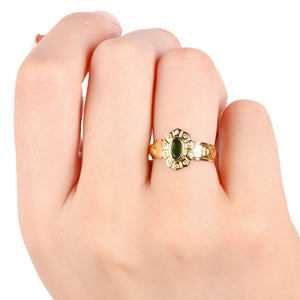 Anel Formatura em Ouro Amarelo 18k com Pedra Sintética Verde e Zircônia