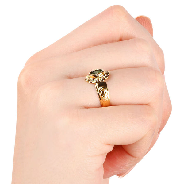 Anel Formatura em Ouro Amarelo 18k com Pedra Sintética Verde e Zircônia