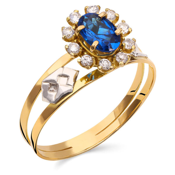 Anel em Ouro Amarelo 18k Formatura Pedras Sintéticas Azul e Brancas