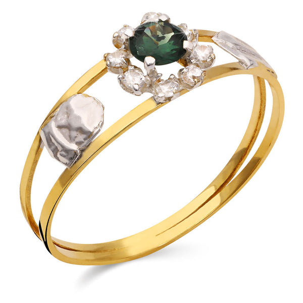 Anel em Ouro Amarelo 18k Formatura Com Pedra Sintética Verde e Brancas
