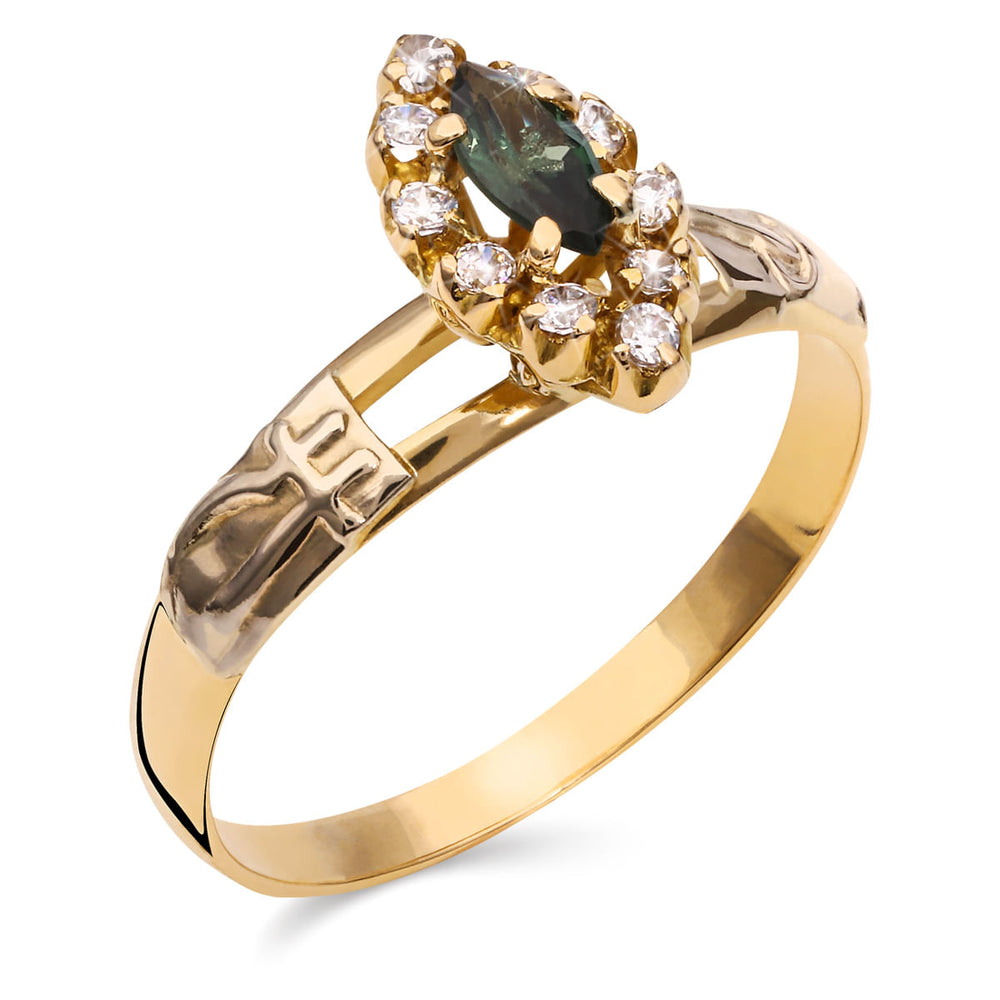 Anel em Ouro Amarelo 18k Formatura Com Pedra Sintética Verde e Brancas