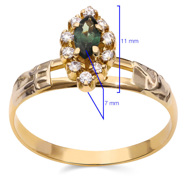 Anel em Ouro Amarelo 18k Formatura Com Pedra Sintética Verde e Brancas