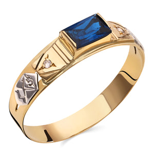 Anel Formatura Pedra Sintética Retangular Azul Ouro Amarelo