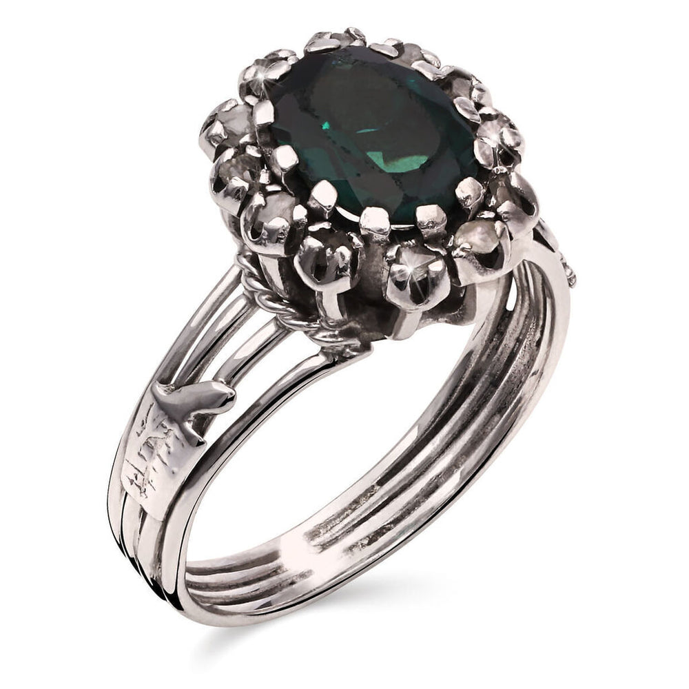 Anel em Ouro Branco 18k Formatura comTurmalina Verde e Diamantes
