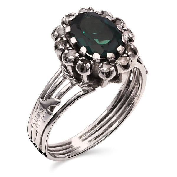 Anel em Ouro Branco 18k Formatura comTurmalina Verde e Diamantes