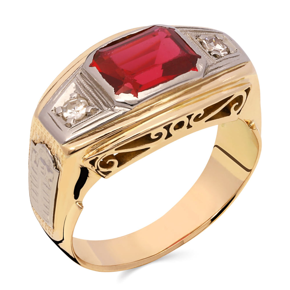 Anel em Ouro Rose 18k de Formatura Direito Pedra Sintética Vermelha e Diamantes