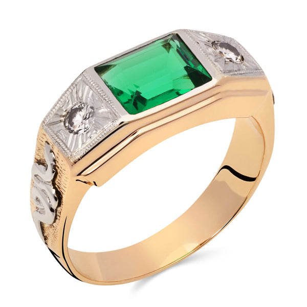 Anel em Ouro Rose 18k Formatura de Medicina com Pedra Sintética Verde e Diamantes