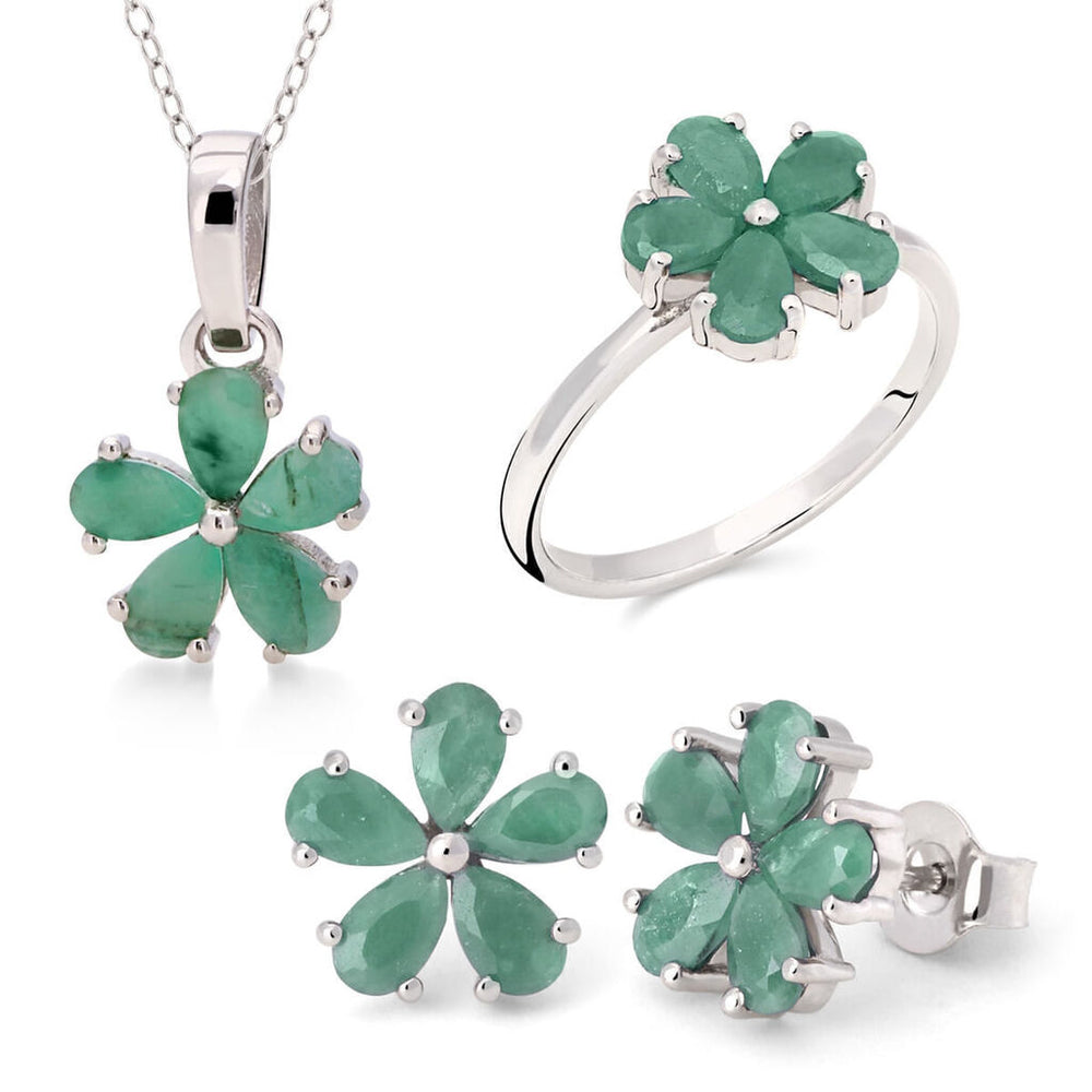 Conjunto em Prata 925 Flor de Esmeralda