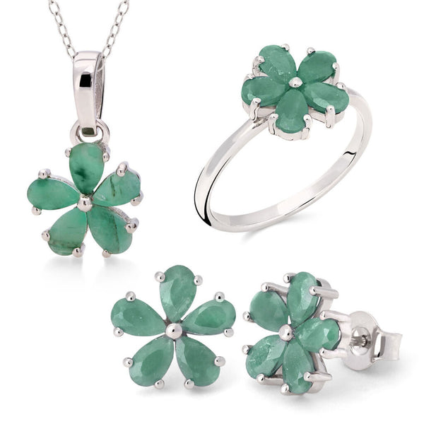 Conjunto em Prata 925 Flor de Esmeralda