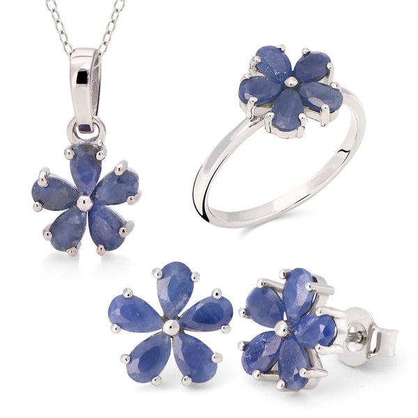 Conjunto em Prata 925 Flor com Safira Azul