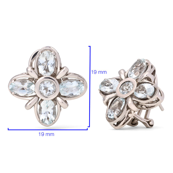 Par de Brinco de Prata Flor com Aguas Marinhas Aprox. 3,50 cts Linha Prata