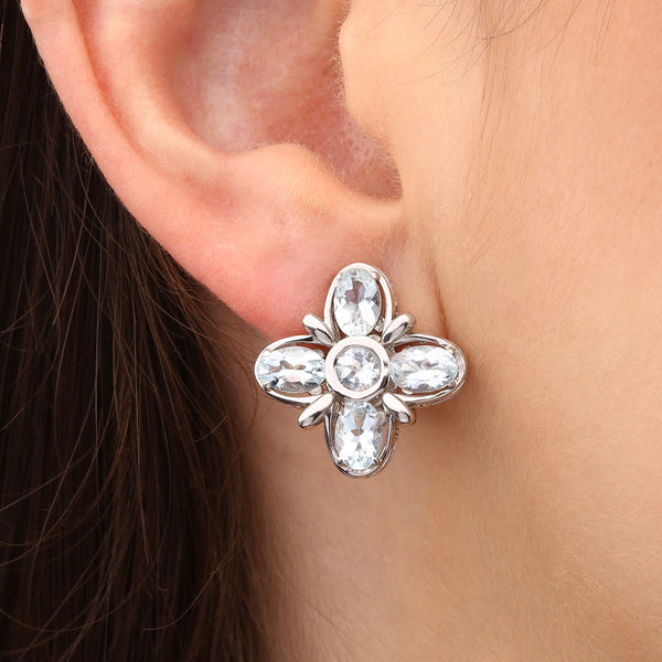 Par de Brinco de Prata Flor com Aguas Marinhas Aprox. 3,50 cts Linha Prata