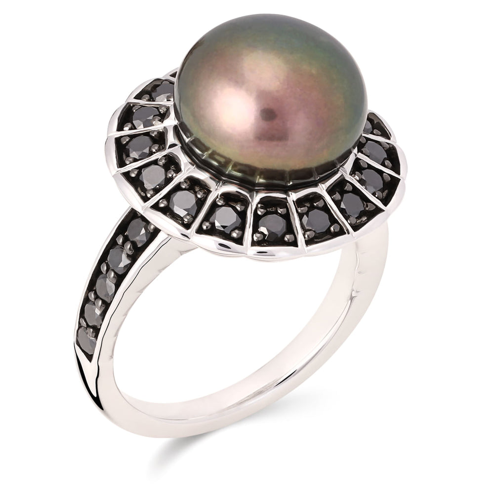 Anel em Prata 925 Perola Furta-Cor e Diamantes Negros Aprox. 95 pts