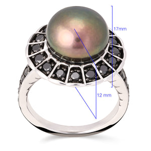 Anel em Prata 925 Perola Furta-Cor e Diamantes Negros Aprox. 95 pts