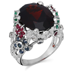 Anel em Ouro Branco 18k com Granada, Rubi, Safira e Esmeralda com Diamantes