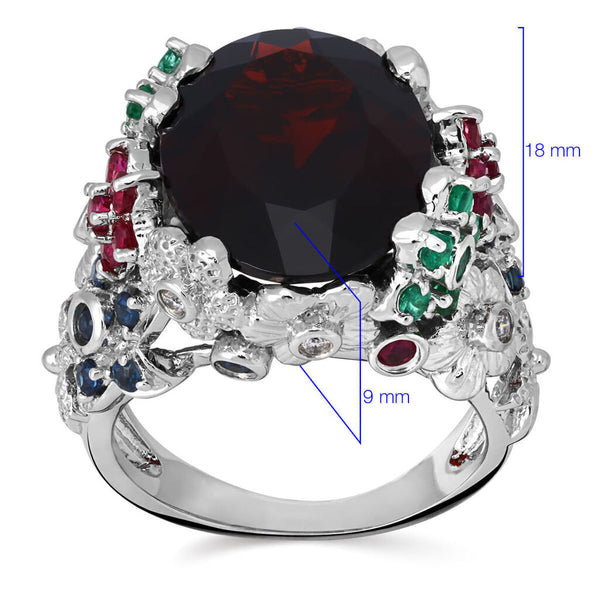 Anel em Ouro Branco 18k com Granada, Rubi, Safira e Esmeralda com Diamantes