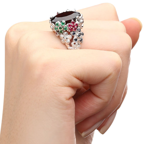 Anel em Ouro Branco 18k com Granada, Rubi, Safira e Esmeralda com Diamantes