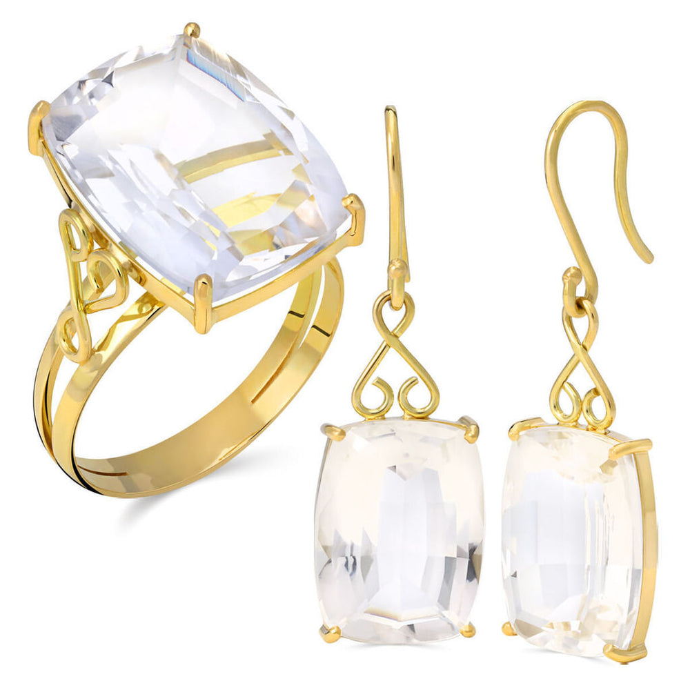 Par de Brinco e Anel em Ouro Amarelo 18k com Cristal