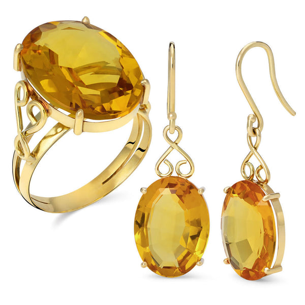 Par de Brincos e Anel Ouro Amarelo 18k com Citrinos Ovais
