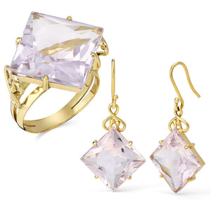 Par de Brinco e Anel de Ouro Amarelo 18k com Ametista Rose de France